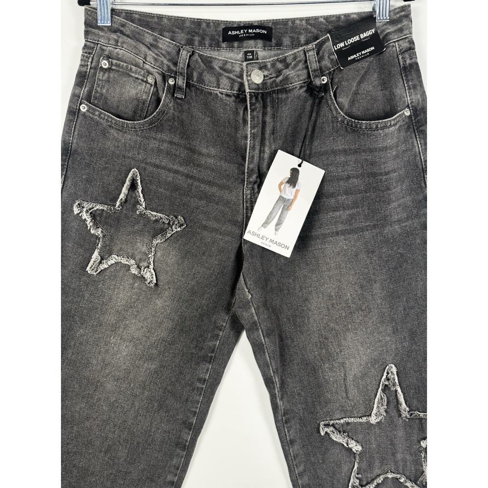 Womens Jeans Black Baggy Wide Leg Distressed Wash Star NWT Size 7/28 Y2K Grunge - Picture 3 of 16